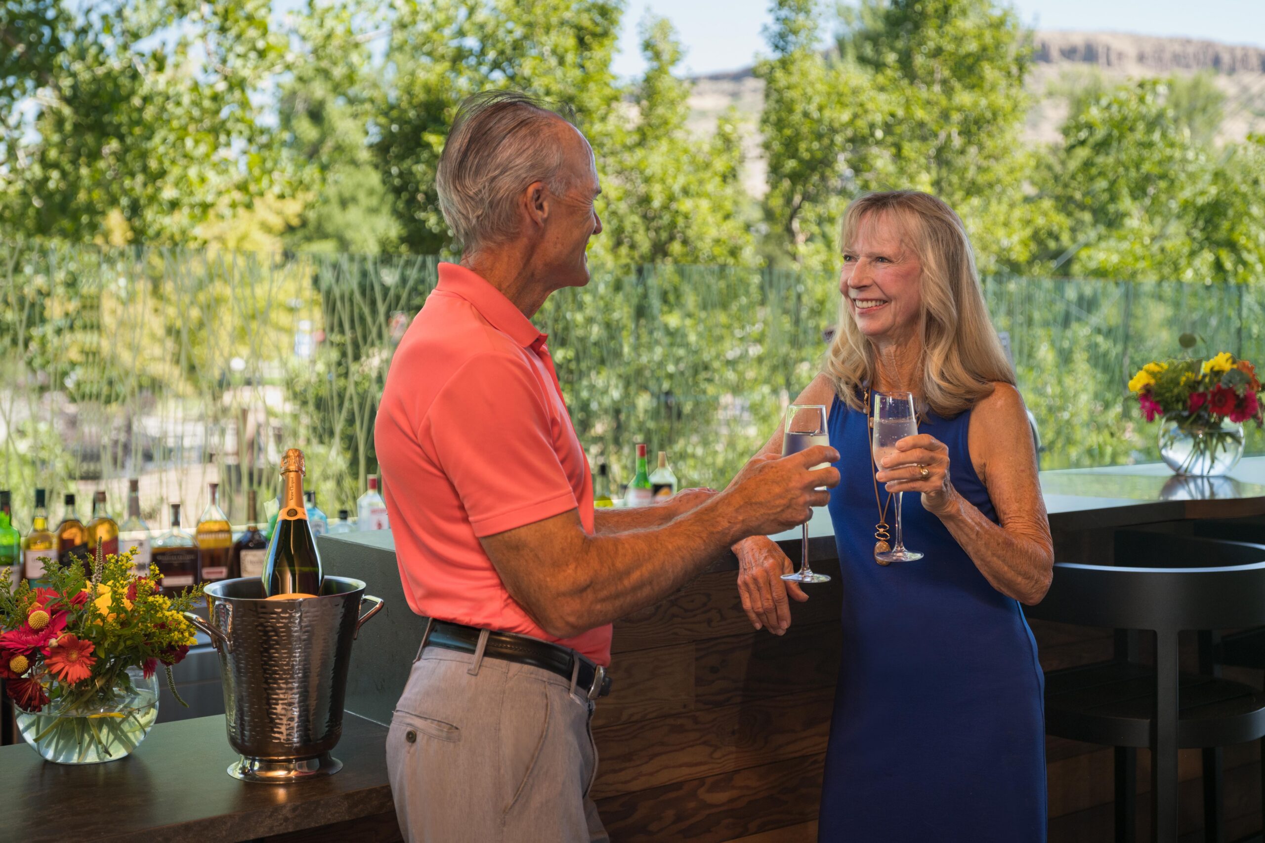 Couple on the Bridgewater Patio at the Golden Hotel